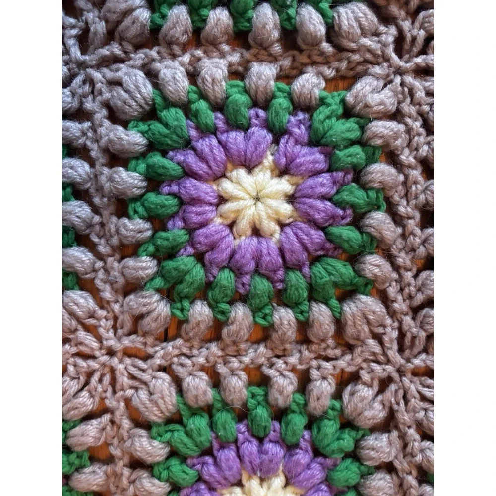 Handmade Crocheted Granny Square Colorful Flower Knit Afghan‎ Vintage Blanket